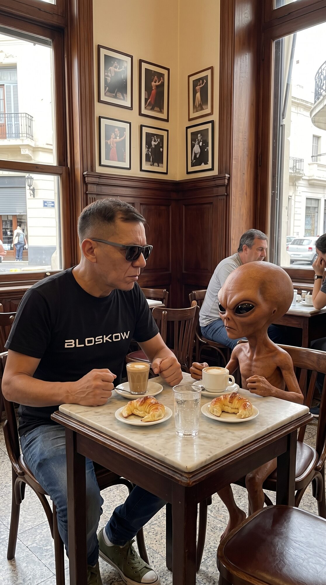 Composición IA de persona con alien en cafetería