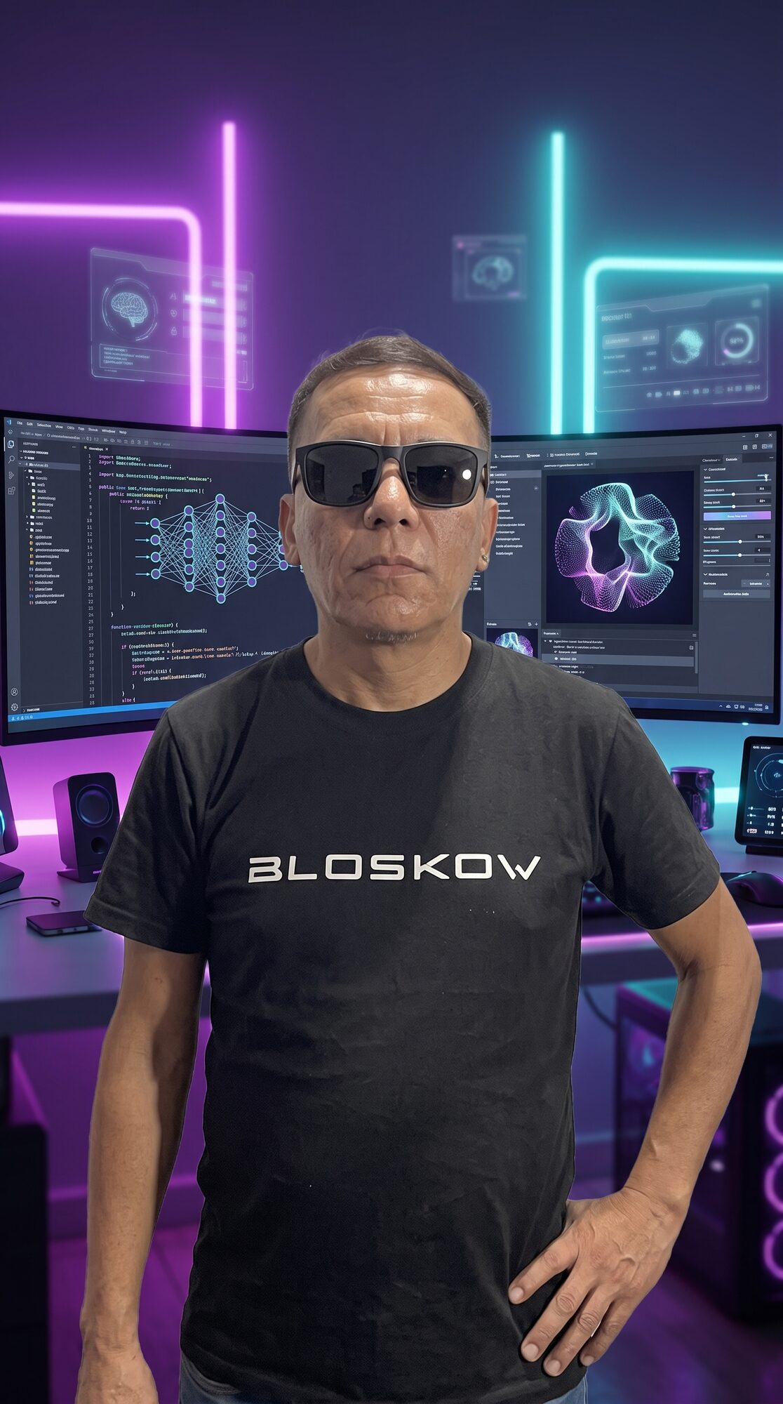 Retrato en estudio de IA con elementos futuristas