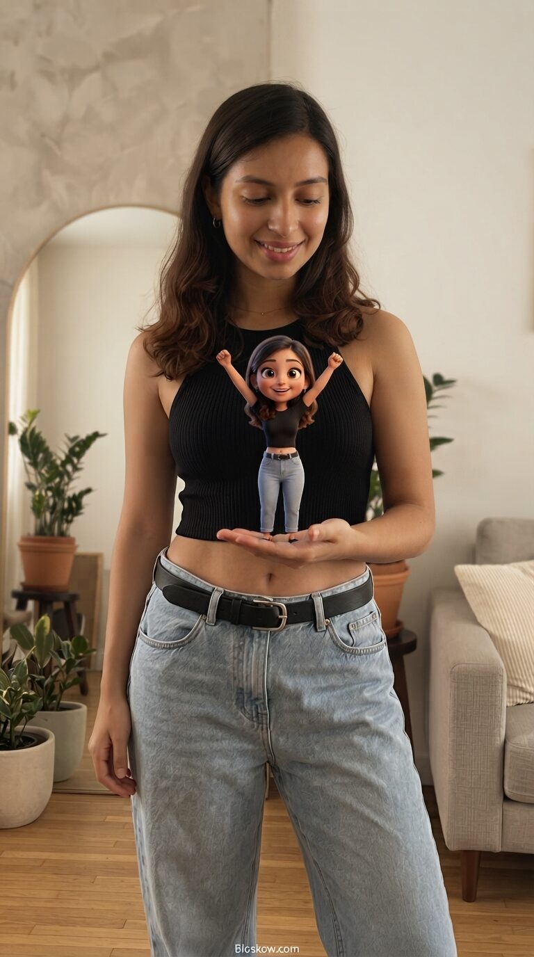 Person holding a tiny 3D animated miniature version of themselves