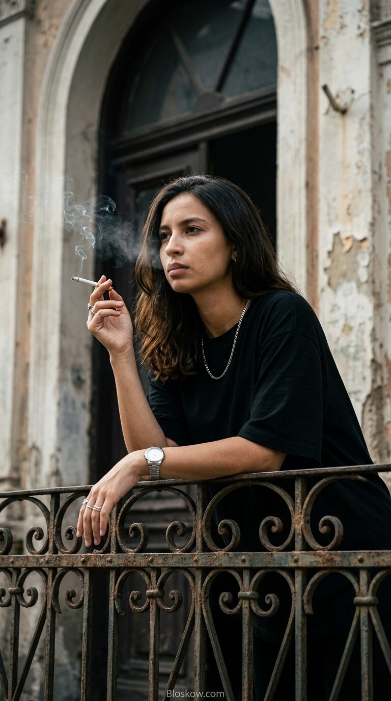 Cinematic portrait on a vintage iron balcony