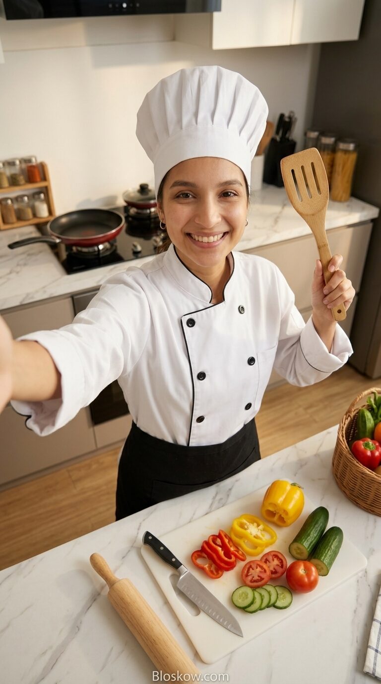 Person dressed as a chef taking a selfie in the kitchen