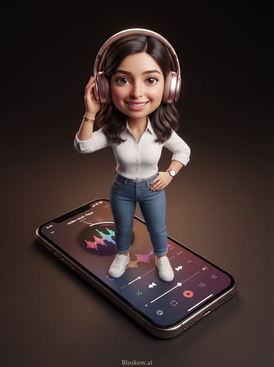 3D chibi character standing on a giant smartphone wearing headphones