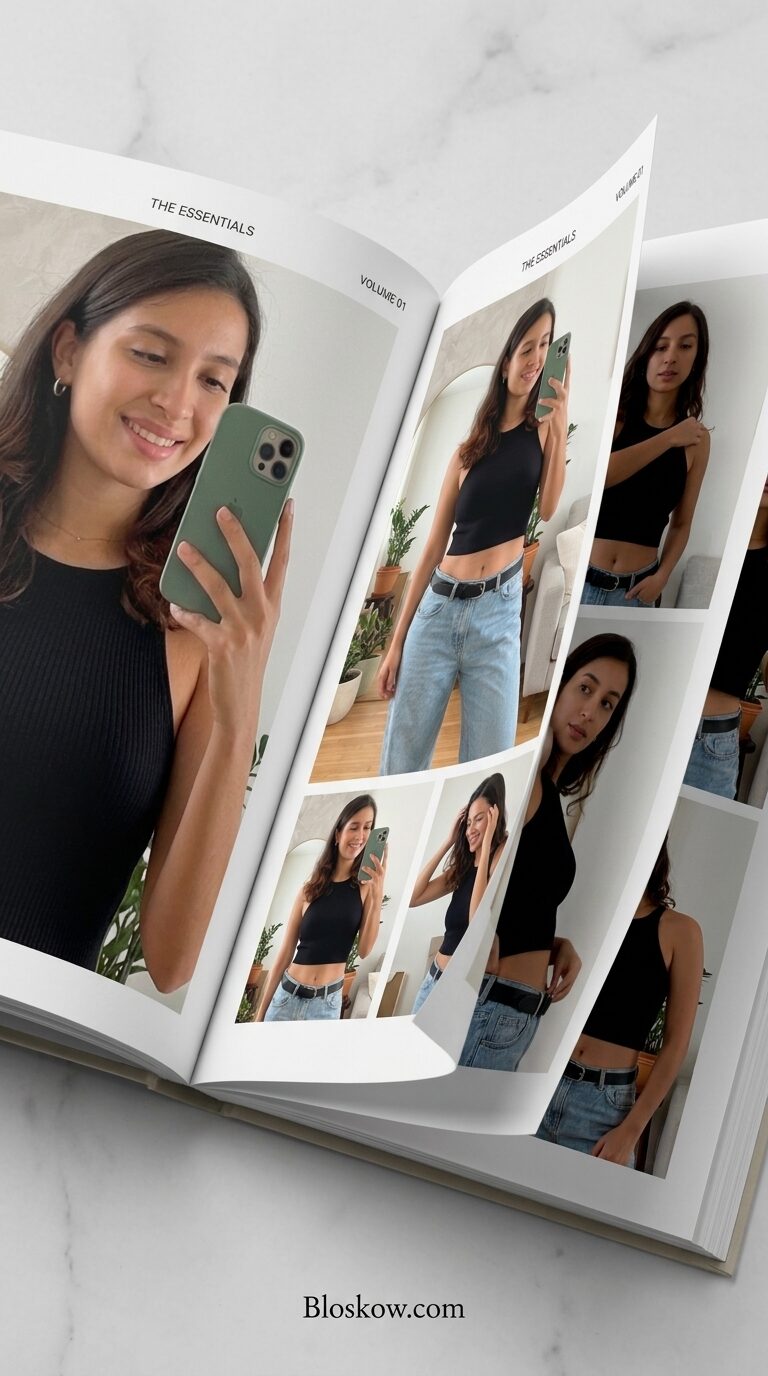 Open luxury coffee table book showing editorial portraits
