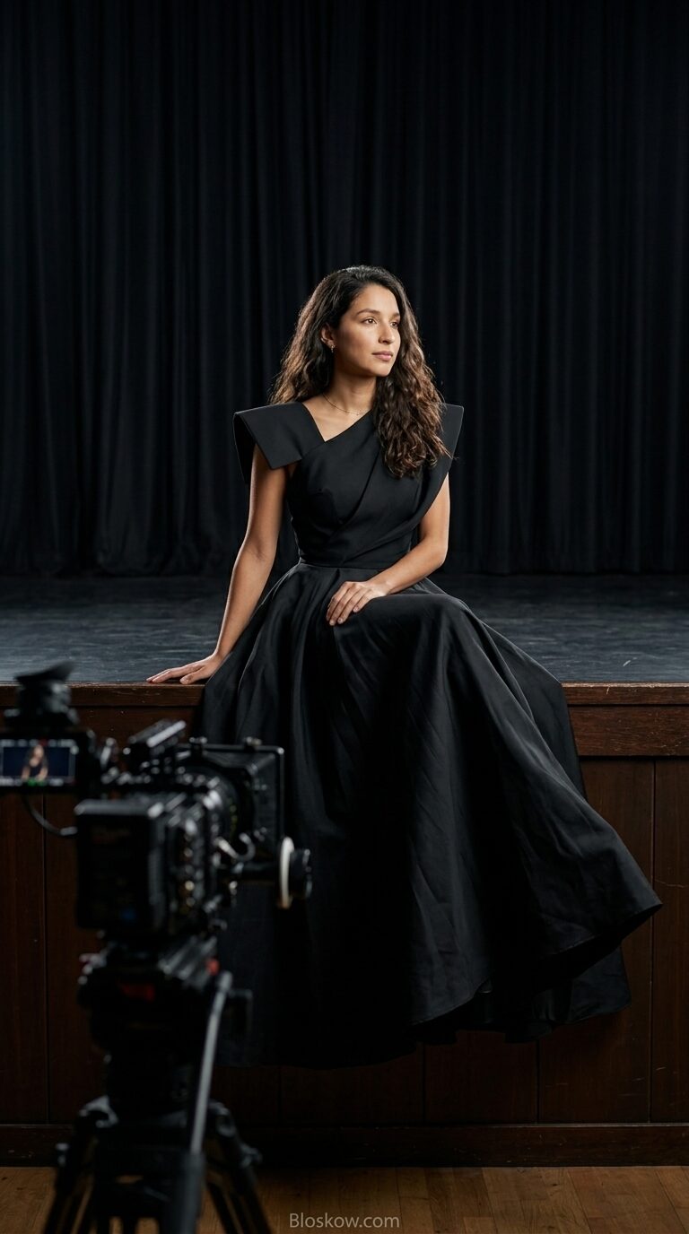 Cinematic fashion photography with a person in an evening gown backstage