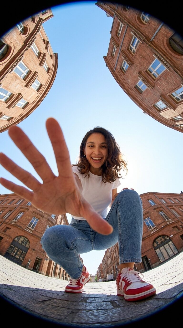 Fisheye lens photo of a woman crouching giant-sized above the camera in a courtyard