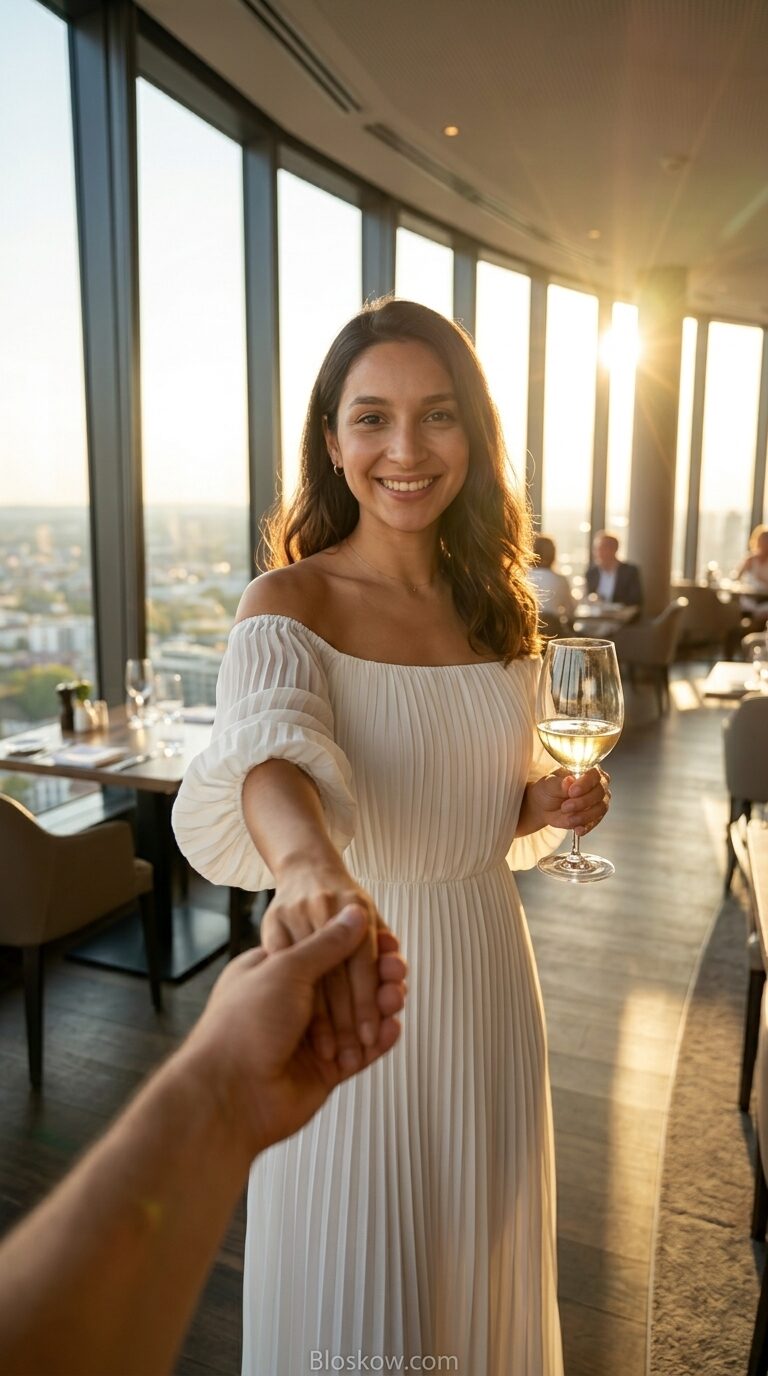 POV shot of a hand reaching to hold the viewer's hand at a rooftop restaurant