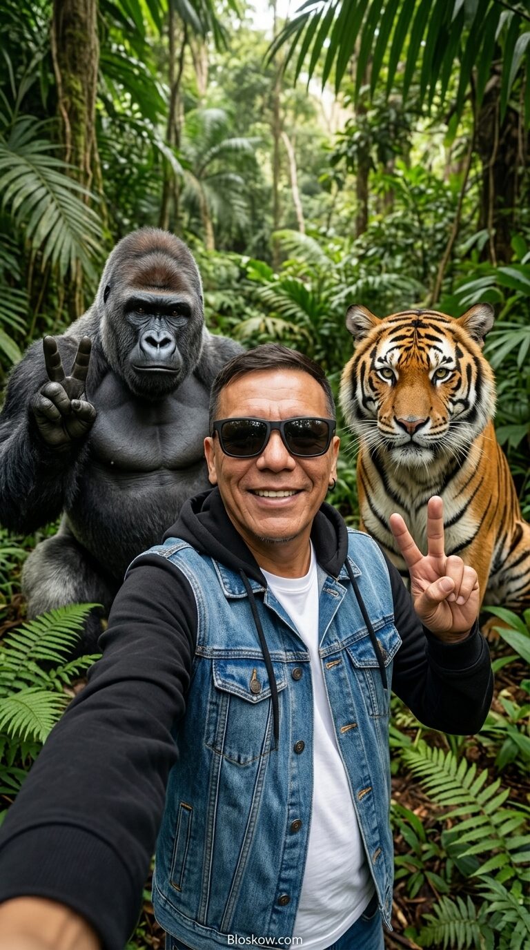 Person taking a selfie with a gorilla and a tiger in the jungle