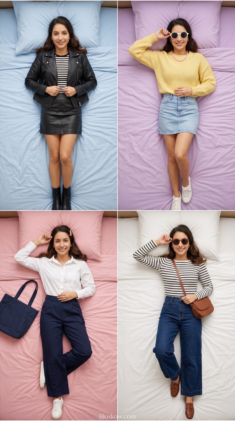 Four outfit lookbook collage of the same person on a bed