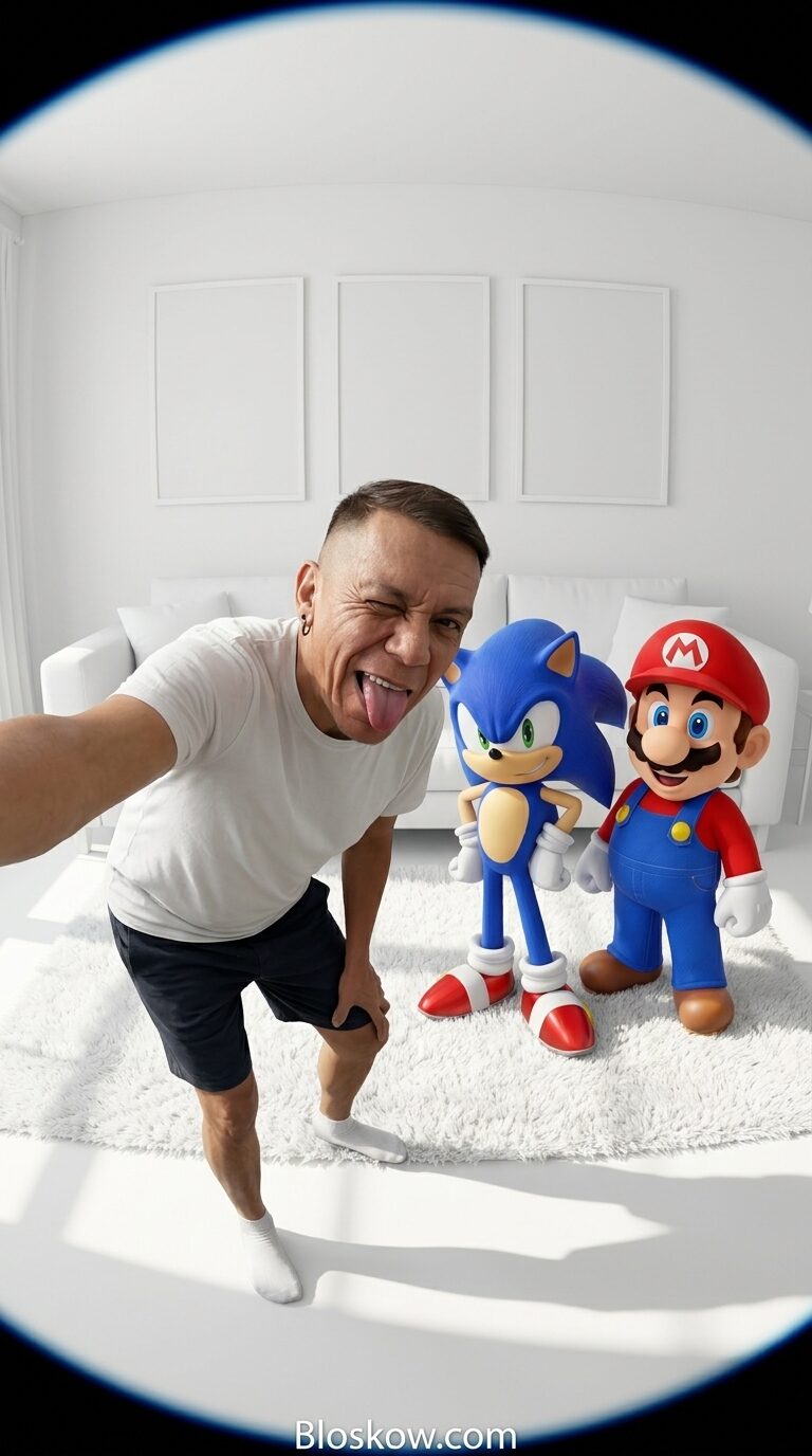 Man taking a fisheye selfie with Mario and Sonic characters