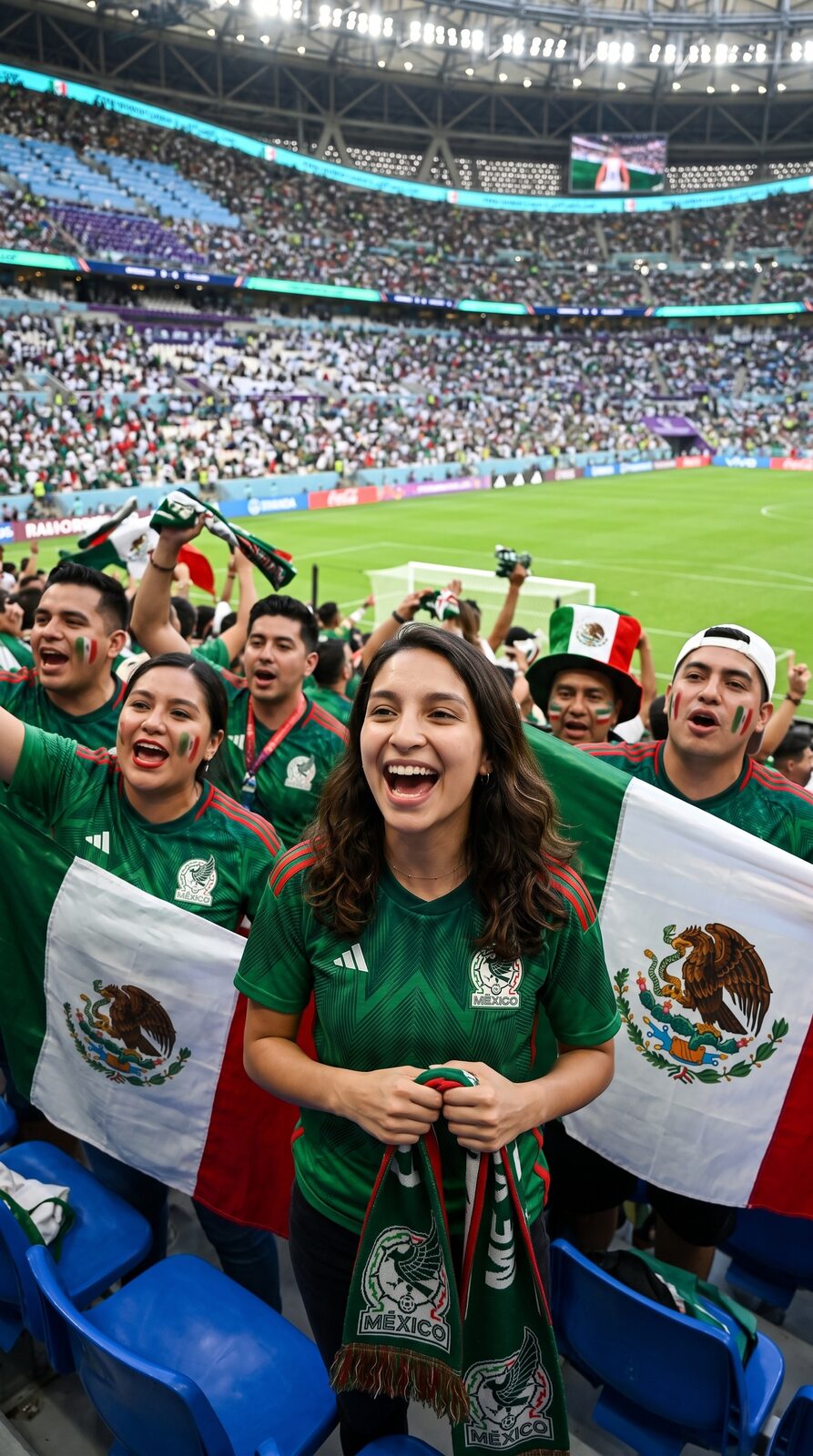 Person cheering with national team fans in a packed stadium