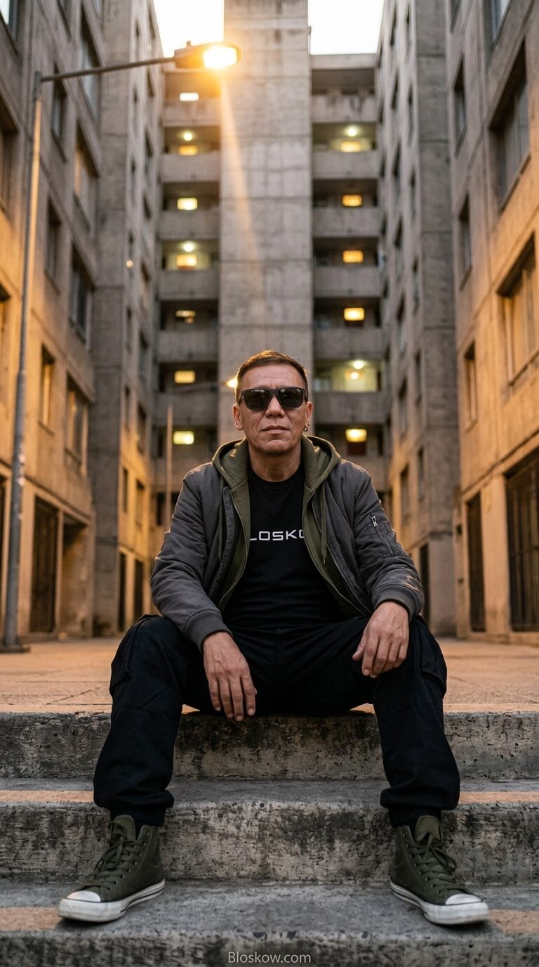 Streetwear portrait sitting on concrete stairs in an urban courtyard