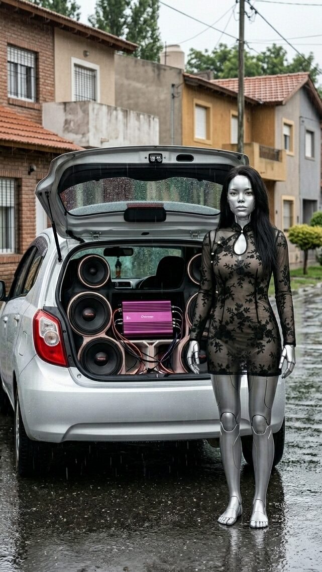 Sami posando junto a un auto tuneado con parlantes